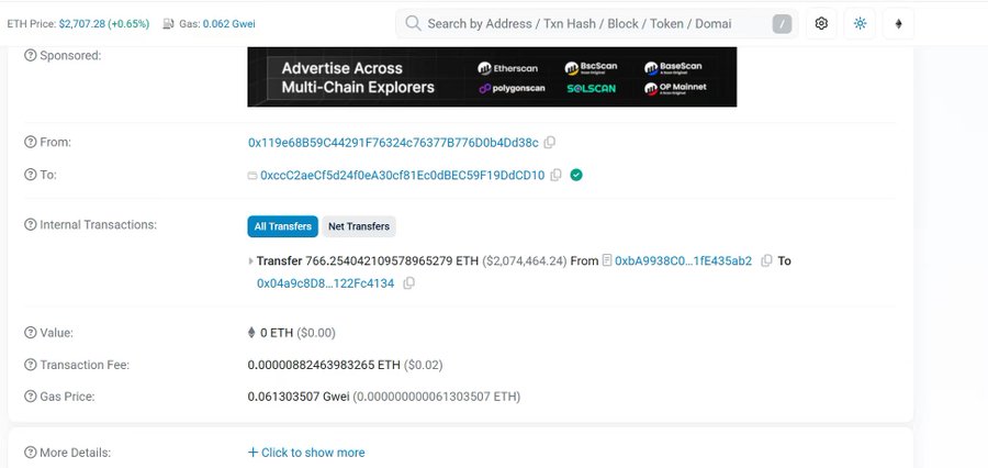An Etherscan transaction page showing an ETH transfer of 766.25 ETH (~$2,074,464.24) from address 0x119e... to 0xcccC... with a gas price of 0.062 Gwei.