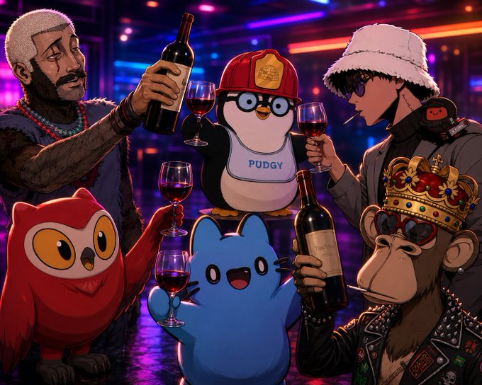 Stylized digital artwork depicting a nightclub scene with various NFT/meme characters including a Pudgy Penguin, an ape with a crown, and a Bored Ape-like figure holding wine bottles and glasses.