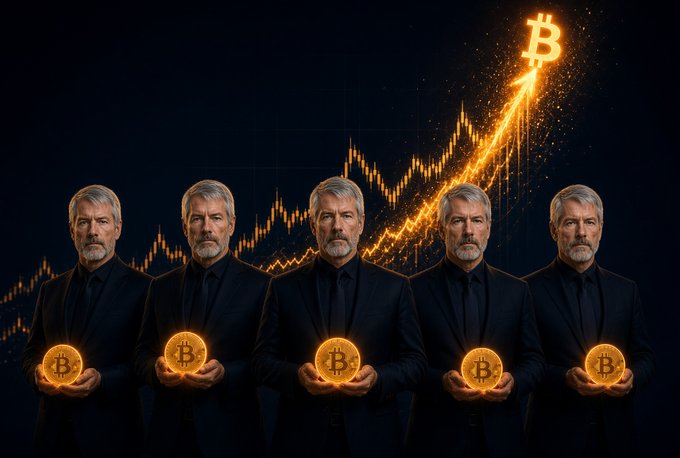 A digitally generated image displays five identical older men in dark suits, each holding a glowing golden Bitcoin coin, set against a dark background with an upward-trending Bitcoin price chart.