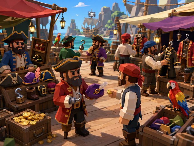 A colorful cartoon-style scene of a pirate market with bearded pirates in red and blue outfits selling hats, chests of gold coins, and goods, with a parrot and ships visible in the background.