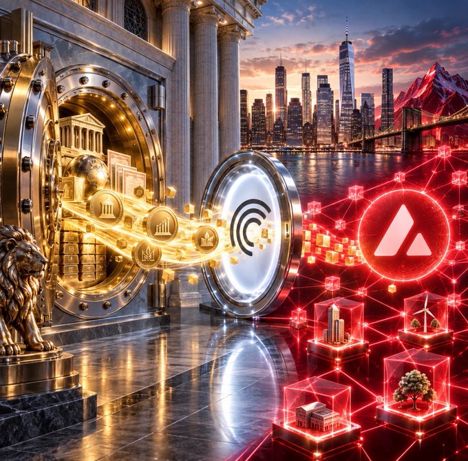 A giant vault door opens to reveal golden tokens flowing toward an "A" logo (Avalanche), set against the New York skyline at sunset, symbolizing New York Life Investment Management's $807 billion entry into tokenized funds on the Avalanche blockchain via Centrifuge. The glowing red Avalanche logo and blockchain networks on the right represent the platform's responsive performance, mirroring $AVAX's positive reaction to the news.