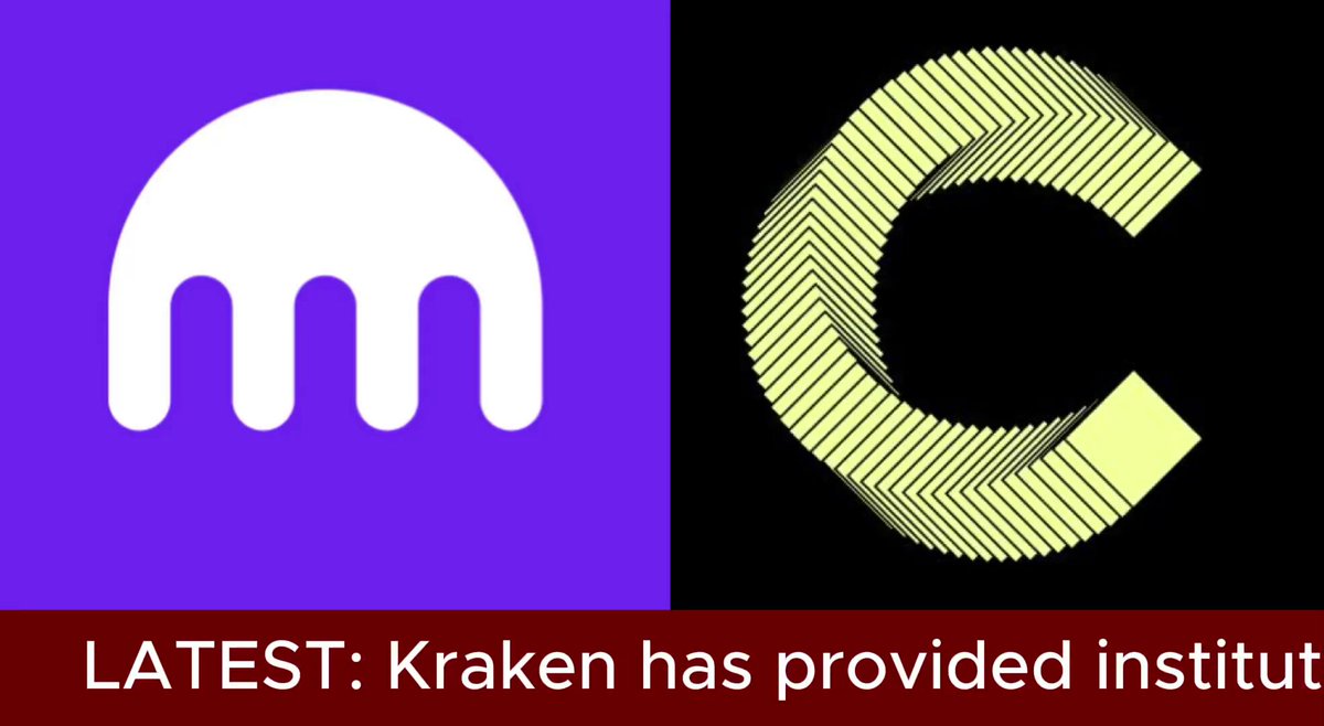 The image features a purple square with a white kraken logo at the top and a yellow letter "C" below it. Below this, there's text that reads "La test: Kraken has provided institution", indicating that the institution has recently joined the Kraken exchange or is about to join. The text also mentions that the institution will be using the Qualified Custody framework for its transactions.