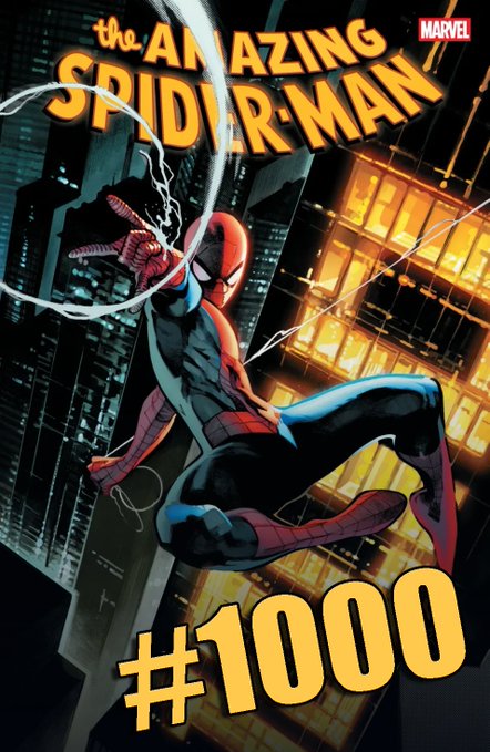 The cover of Marvel's "The Amazing Spider-Man #1000" comic book shows Spider-Man swinging through a nighttime cityscape with web lines visible.