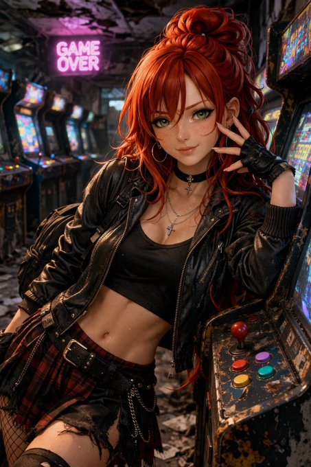 An anime-style digital illustration of a red-haired woman in a black leather jacket and crop top posing in front of arcade machines, with a neon 'GAME OVER' sign in the background.