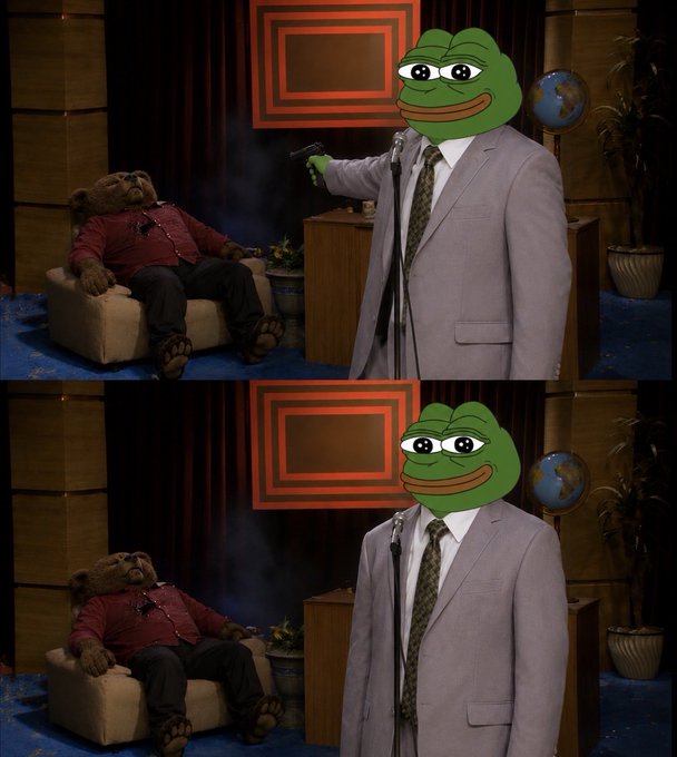 A surreal two-panel image showing a sad Pepe the Frog head superimposed on a man in a suit holding a gun next to an unconscious teddy bear in a red shirt, with a gun and smoke in the first frame disappearing in the second.