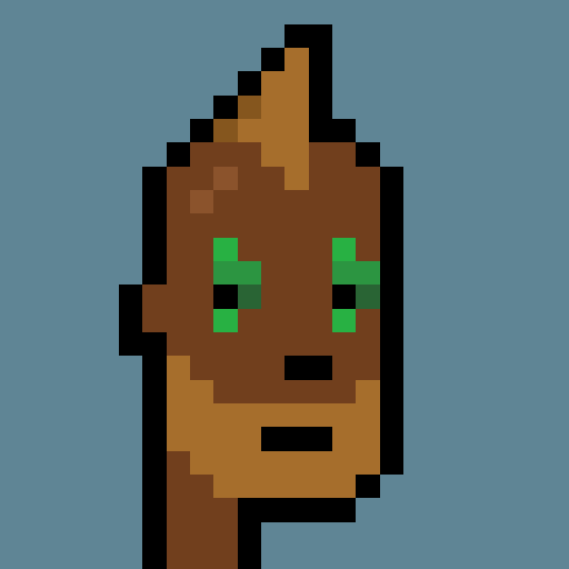 A duplicate of the low-resolution pixel art portrait showing a character with dark skin, bright green eyes, and a pointed mohawk against a solid blue background.