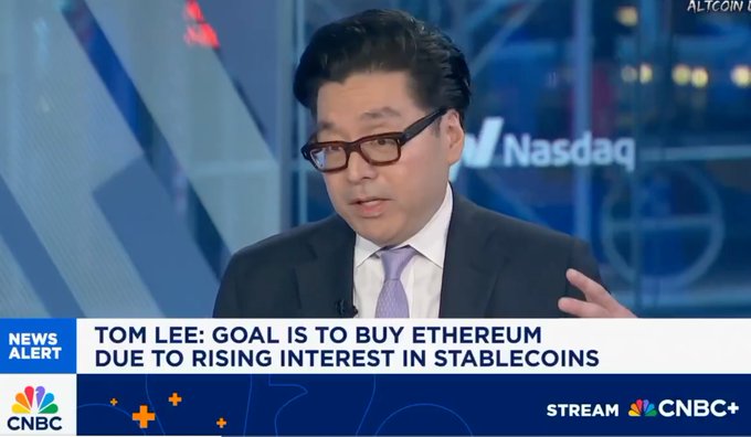 A CNBC news broadcast features Tom Lee in a suit and glasses, with the headline 'TOM LEE: GOAL IS TO BUY ETHEREUM DUE TO RISING INTEREST IN STABLECOINS' and the Nasdaq logo visible in the background.