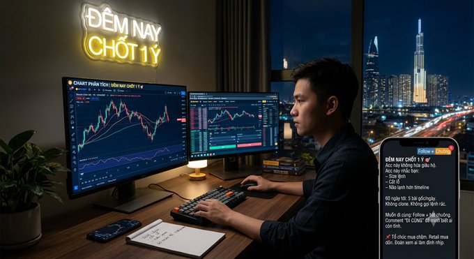 A man sits at a desk with multiple monitors displaying trading charts, with a neon sign reading 'ĐÊM NAY CHỚT 1 Y' and a city skyline visible through the window.