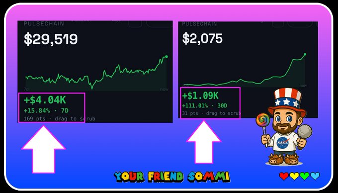 A graphic showing 'PULSECHAIN' price charts at $29,519 (+$4.04K) and $2,075 (+$1.09K), featuring a cartoon character with an Uncle Sam hat and the text 'YOUR FRIEND SOMMII'.