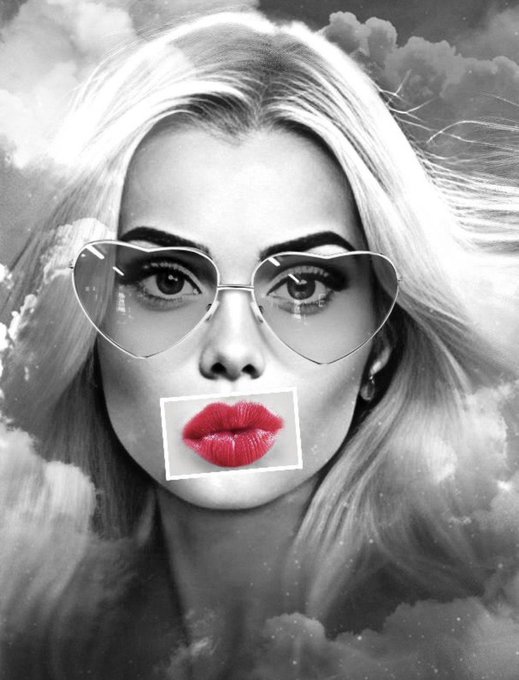 A black-and-white close-up portrait of a blonde woman wearing large aviator sunglasses, with a selective color pop of red lips framed by a white box overlay, surrounded by cloud imagery.