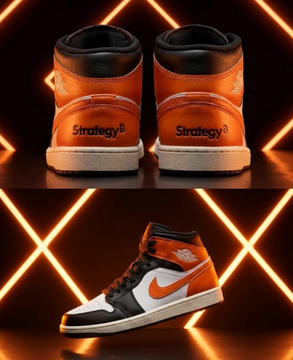 Orange, black, and white high-top sneakers branded 'Strategy 6' are displayed against a background of orange neon X-shaped lights.