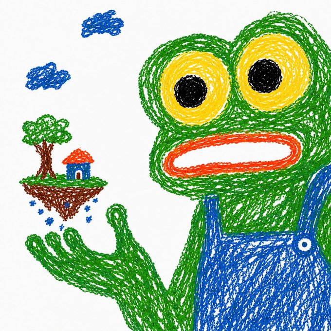 A child-like crayon drawing of a green creature with large yellow eyes, wearing blue overalls, holding a floating island with a tree and a small house.