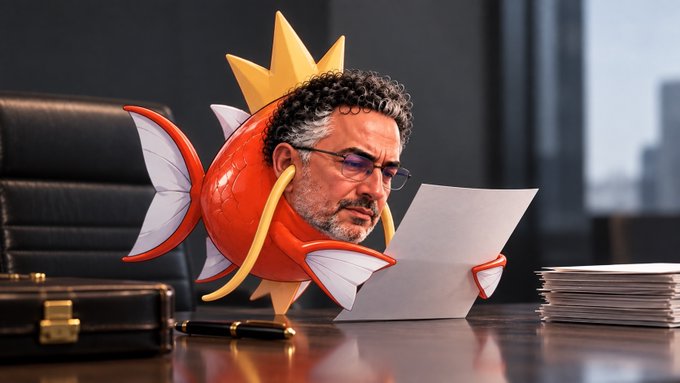 A surreal AI-generated image depicts a Magikarp Pokémon body with the head of actor Seth Rogen, complete with glasses and a beard, sitting at a desk and reading a piece of paper.