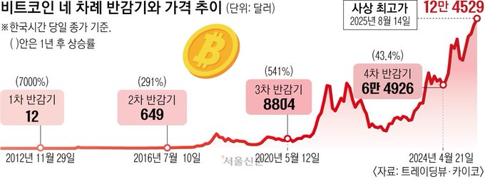 The image features a line graph with Bitcoin's price increasing steadily over four years. The x-axis represents time, while the y-axis measures the price of Bitcoin in a series of intervals representing one year. At the end of each year, Bitcoin returns to its initial value from the previous period, suggesting a pattern of ups and downs similar to the fluctuating nature of the cryptocurrency market. This graph helps visualize the rise and fall of Bitcoin's price over time, providing valuable information for those investing in or monitoring this digital currency.