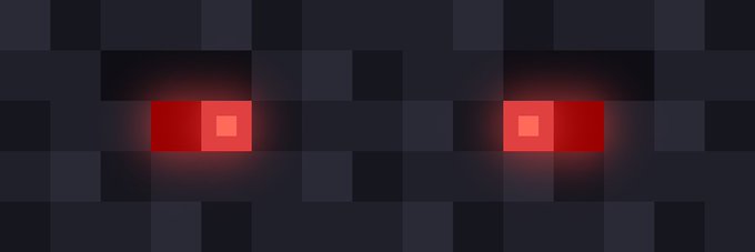 A pixel art image showing a pair of glowing red eyes in a dark, blocky environment.