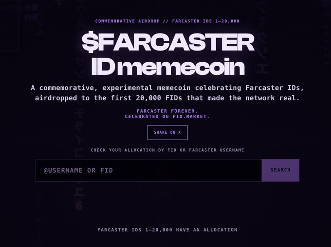 A dark-themed promotional webpage for "$FARCASTER ID memecoin," described as a commemorative experimental memecoin airdrop celebrating Farcaster IDs 1–20,000, featuring a search bar where users can check their allocation by FID or username on "FID.MARKET." The image aligns with the post by advertising the surprise airdrop from VibeChain for the first 20,000 Farcaster users, with the site's branding prominently displayed.