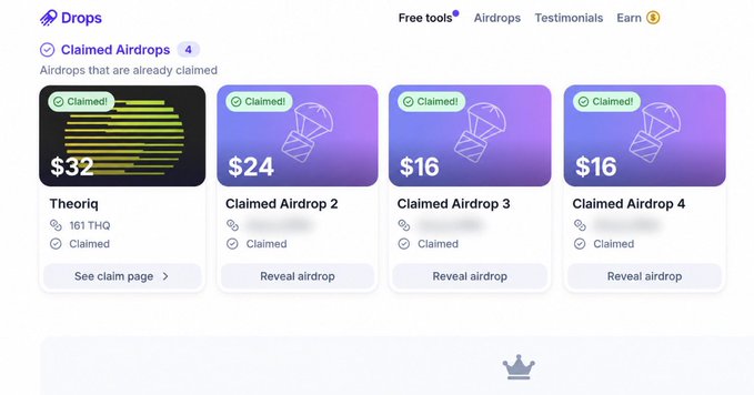 A user interface showing 4 claimed airdrops with a total value of $88 ($32, $24, $16, $16), including one called "Theoriq" worth 161 THQ, demonstrating the results of checking for unclaimed airdrops as described in the post.