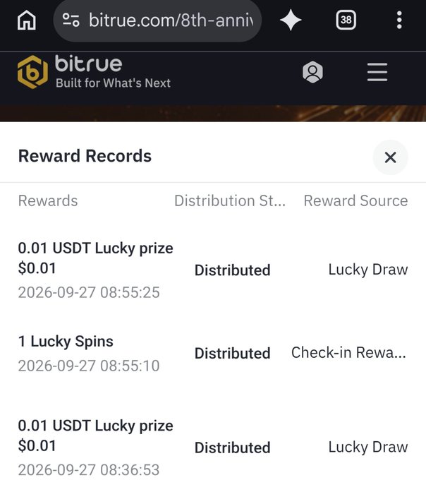 A mobile screen showing Bitrue.com reward records including 0.01 USDT Lucky prizes and 1 Lucky Spin distributed on 2026-09-27.