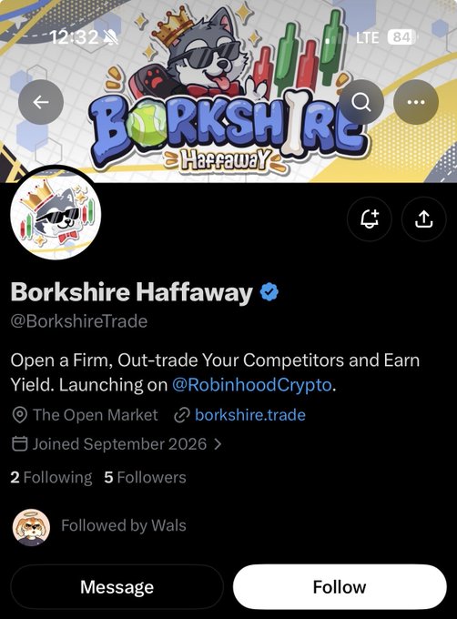 A Twitter/X profile page for 'Borkshire Haffaway' (@BorkshireTrade) with a verified blue check, a cartoon husky dog avatar wearing sunglasses, and a banner stating 'Open a Firm, Out-trade Your Competitors and Earn Yield.'
