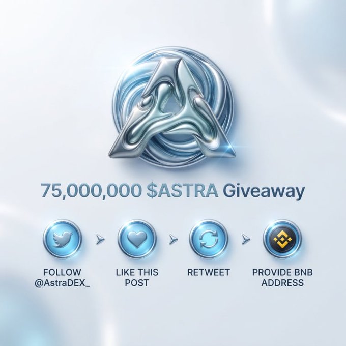 The image is a promotional graphic for a "75,000,000 $ASTRA Giveaway" featuring a silver stylized logo and instructions to follow @AstraDEX_, like the post, retweet, and provide a BNB address. This aligns with the post's request to claim a "100,000 #ASTRA Airdrop" by sharing a $BNB address and retweeting — both are classic hallmarks of a cryptocurrency giveaway scam designed to harvest wallet addresses and engagement.
