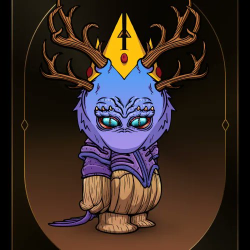 A digital illustration of a purple, deer-like creature with large branching antlers and glowing blue eyes, wearing a golden crown adorned with a red gem and a Roman numeral "I". The character appears to be a Cryptokoda NFT, matching the post's reference to "Koda #2634" purchased on OpenSea.