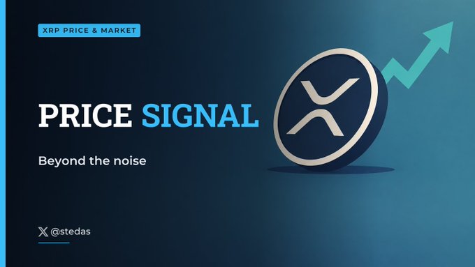 A dark blue market graphic labeled “XRP PRICE & MARKET” reads “PRICE SIGNAL” and “Beyond the noise,” featuring the XRP logo, an upward arrow, and “X @stedas.”