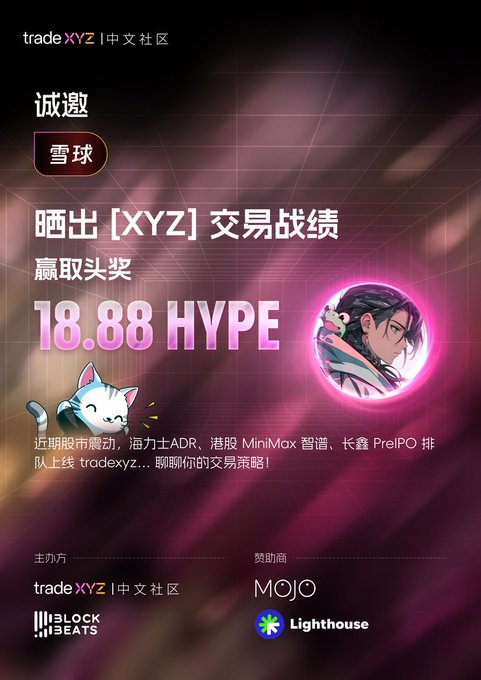 A Chinese promotional poster for a trading competition by 'tradeXYZ | 中文社区' offering '18.88 HYPE' as a prize, featuring sponsor logos like 'BLOCK BEATS' and 'Lighthouse'.