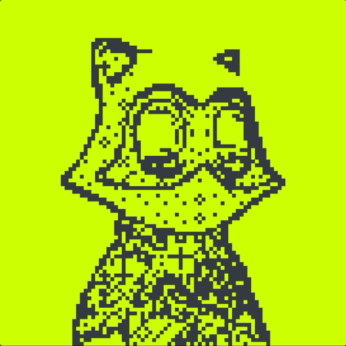 A pixelated, yellow-and-black retro video game figure resembling a frog character with large round eyes and a hat, set against a bright yellow background.