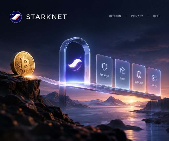 A promotional banner for "STARKNET" features a glowing archway with a Bitcoin coin on a rocky cliff, alongside floating digital panels labeled "PRIVACY", "DEFI", "STAKING", and "APPS" against a twilight seascape.