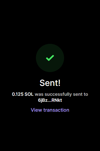 A mobile confirmation screen displays a successful transaction of 0.125 SOL sent to address 6jBz…RNkt, with a "View transaction" link below. The image likely relates to the post by showing proof of an SOL transfer, possibly as part of the "boosted RTP" giveaway mentioned.