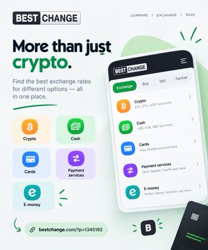 An advertisement for BESTCHANGE promoting "More than just crypto" with icons for Crypto, Cash, Cards, Payment services, and E-money.