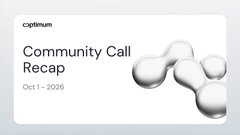 A minimalist slide titled 'Community Call Recap' dated Oct 1 - 2026 with the Optimum logo, featuring an abstract 3D molecular graphic.