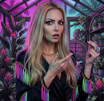 A digital illustration of a blonde woman in a black top with colorful fringe, pointing to herself with a shocked expression against a vibrant, neon-lit botanical background.