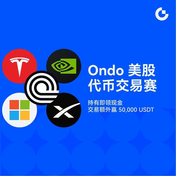 A promotional banner for Gate.io's "Ondo 美股代币交易赛" (Ondo US Stock Token Trading Competition), featuring logos of Tesla, NVIDIA, Microsoft, Ondo, and XRP, advertising that participants can earn cash rewards and a prize pool of 50,000 USDT by holding and trading tokenized US stocks on the platform.

The image illustrates the post's observation about traditional financial assets being increasingly tokenized and bridged into crypto, as Gate.io partners with Ondo Finance to let users trade stocks like Tesla and NVIDIA as on-chain tokens—directly demonstrating the convergence of traditional equities and blockchain markets.