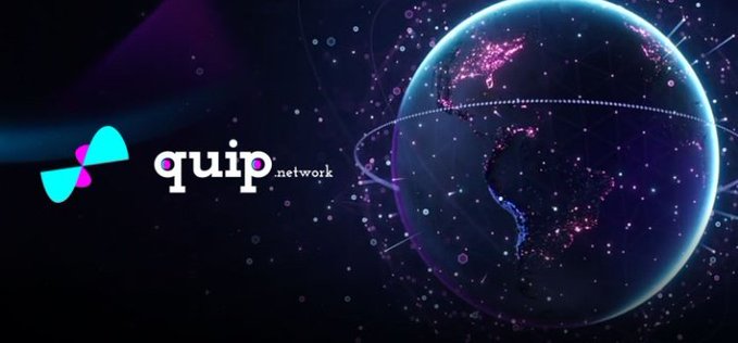 A digital banner displays the 'quip network' logo with a teal and pink butterfly icon against a backdrop of a glowing Earth globe.