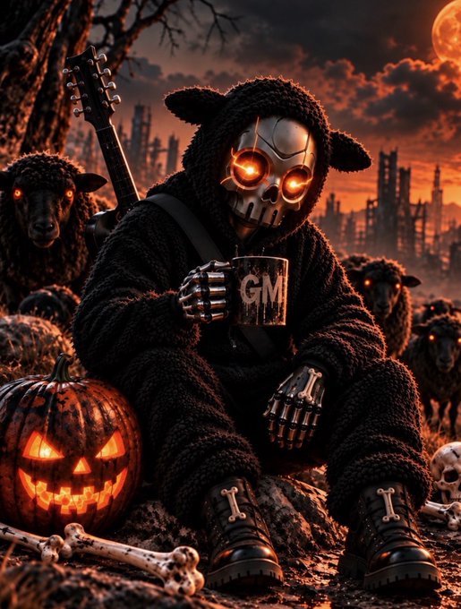 A dark, atmospheric illustration of a figure in a black sheep costume with a glowing skull mask, holding a mug labeled 'GM', seated next to a jack-o'-lantern and surrounded by black sheep under a red moon.