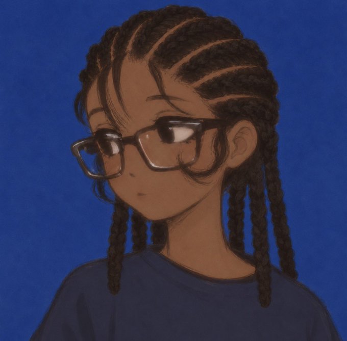A digital portrait illustration of a young person with dark braided hair and rectangular glasses, wearing a blue shirt against a deep blue background.