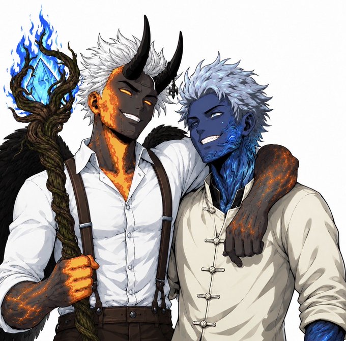 Anime-style artwork of two demonic characters - one with fiery horns and lava-like skin holding a blue flame staff, embracing another with blue skin and white hair.