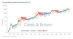The image is a line graph titled "The Crypto Market Cycle (Bitcoin's Performance Over Time)" showing Bitcoin's price movements from approximately 2013 to 2024, with shaded bands marking the Accumulation, Bull, and Crash phases of each market cycle, and it features a "Caleb & Brown" watermark. The post claims this chart is used to predict every Bitcoin move, highlighting the cyclical pattern of accumulation, bull runs, and crashes as the sole indicator used over 7 years.
