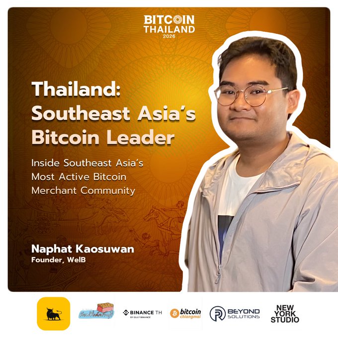 A promotional graphic for 'BITCOIN THAILAND 2026' featuring Naphat Kaosuwan, Founder of WelB, with the headline 'Thailand: Southeast Asia's Bitcoin Leader.'