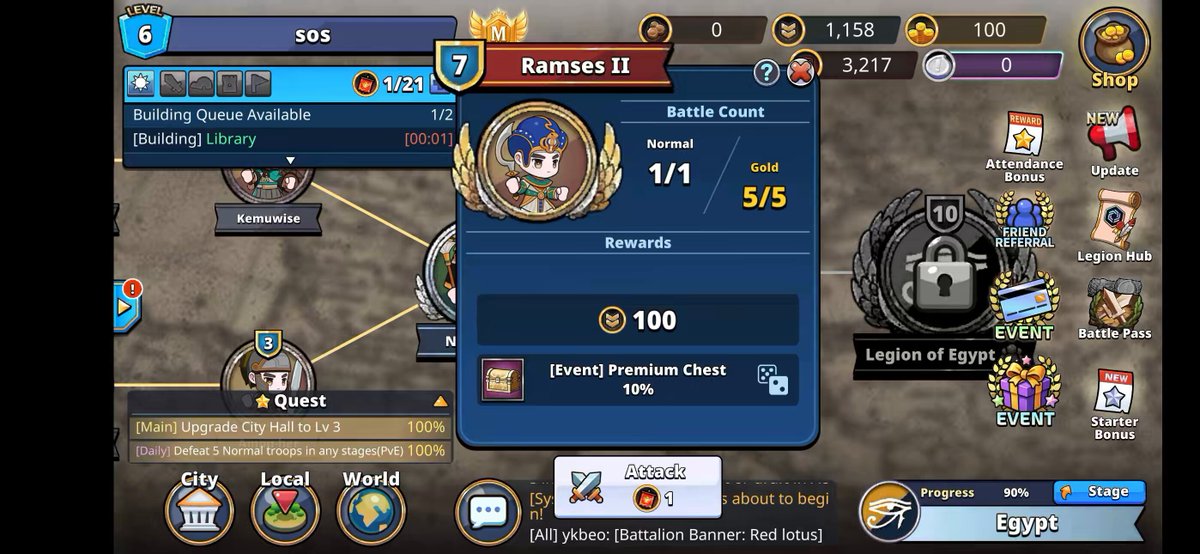 The image shows a mobile game screen with a player's progress displayed, including their rank, level, and achievements. The player has completed 1/5th of the battle count and has earned 100 points for their performance. They are currently at level 7 in the game, which is part of the "Pocket legions" series. The player also has a reward of 500 gold coins awaiting them.