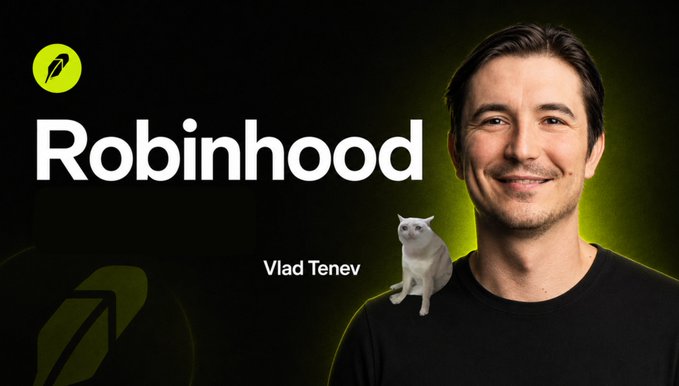 The image features Vlad Tenev, co-founder and CEO of Robinhood, smiling alongside a white cat, with the "Robinhood" logo prominently displayed. It illustrates the post's framing of Tenev as the "vision and distribution" proxy leader for the Robinhood Chain narrative, paired alongside $CASHCAT as the "meme beta" counterpart.