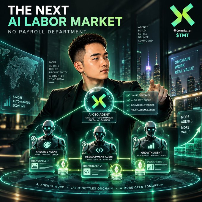A promotional graphic titled 'THE NEXT AI LABOR MARKET - NO PAYROLL DEPARTMENT' featuring a man interacting with holographic AI agent displays, including a 'CEO AGENT', 'CREATIVE AGENT', 'DEVELOPMENT AGENT', and 'GROWTH AGENT', branded with '@termix_ai' and '$TMT'.