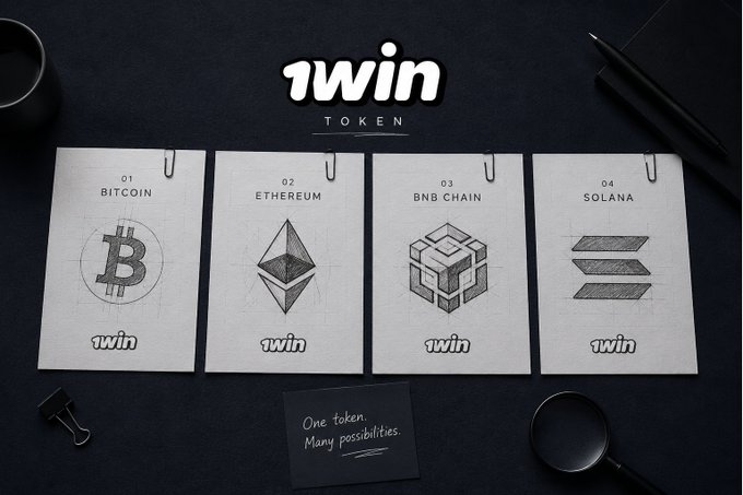 A dark-themed promotional graphic for '1win TOKEN' displaying four sketch-style cards representing cryptocurrencies: 01 Bitcoin, 02 Ethereum, 03 BNB Chain, and 04 Solana, with the tagline 'One token. Many possibilities.'
