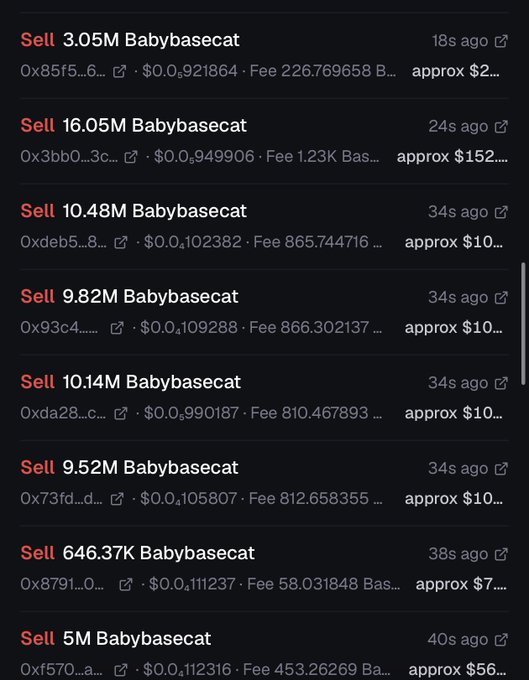 A dark-themed screenshot showing recent on-chain transactions for a token called 'Babybasecat', with multiple large sell orders listed.