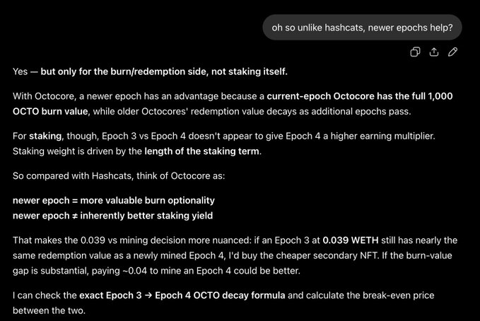 Dark-mode chat thread discussing Octocore epochs versus Hashcats, with a user message asking "oh so unlike hashcats, newer epochs help?" and a detailed reply explaining that newer epochs only have an advantage on the burn/redemption side, not staking.