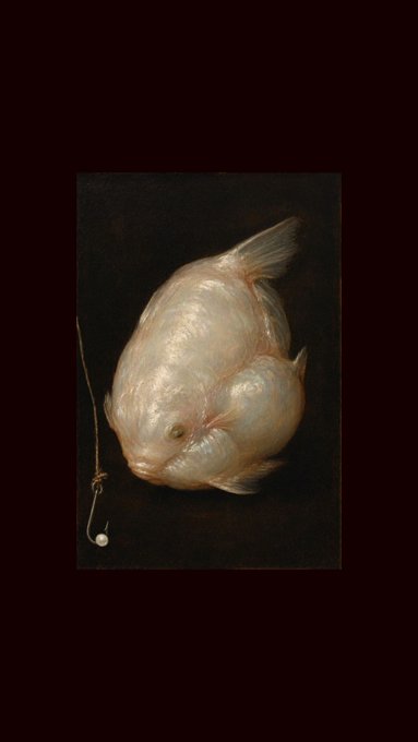 A still life painting of a pale, bloated fish with a fishing hook and line beside it against a dark background.