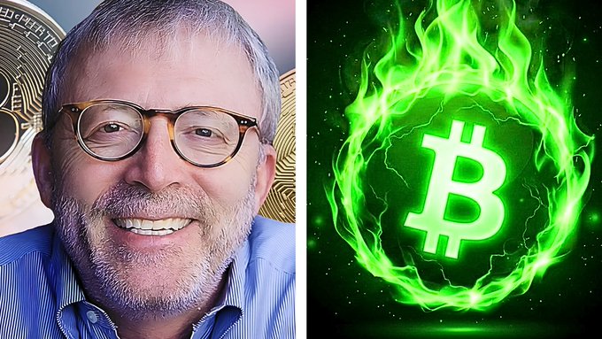 A split image showing a smiling older man with glasses next to a green, flaming Bitcoin logo.