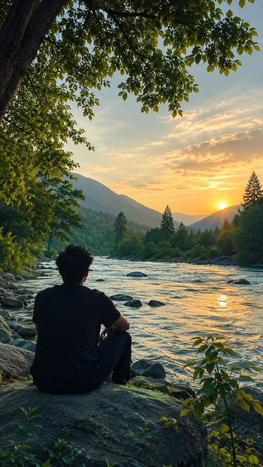 A person sits peacefully on a rock by a flowing river, watching the sun rise over distant mountains beneath leafy tree branches. The serene sunrise scene captures the calm, reflective start to "another week another opportunity" as wished in the post's Monday greeting.