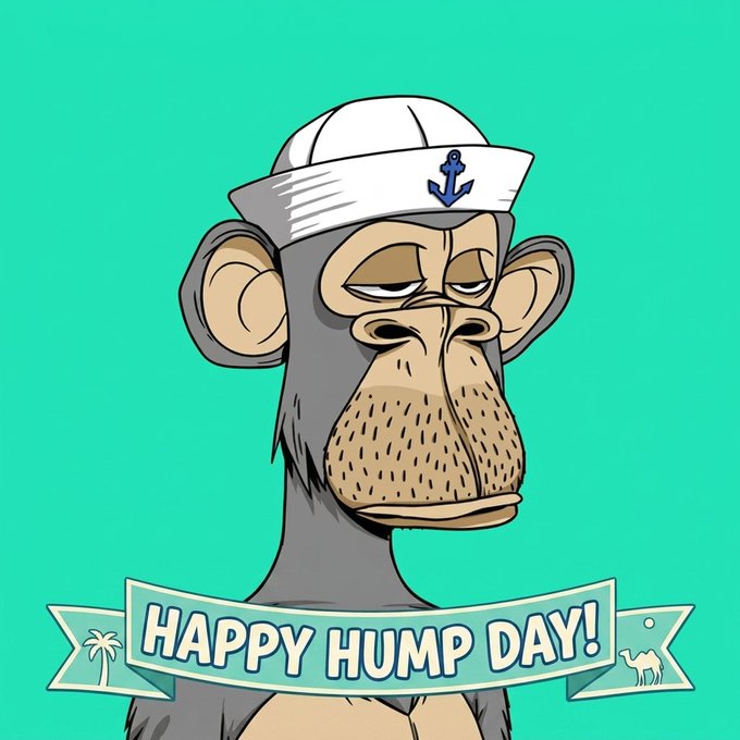 The image features a cartoon monkey wearing a sailor hat and a white sailor cap with an anchor on top. The monkey appears to be looking sad or bored, as if it's not happy about being locked up. There are also two small flags visible in the bottom right corner of the image. The caption below the image reads "Happy Hump Day!".
